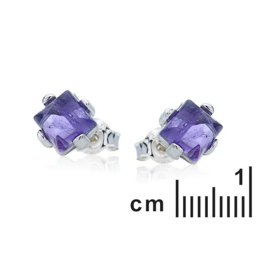 Square natural purple amethyst stud earrings, in 925 rhodium silver