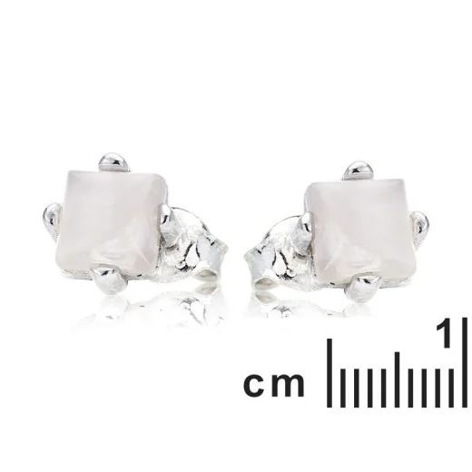 Square white moonstone stud earrings, in 925 rhodium silver