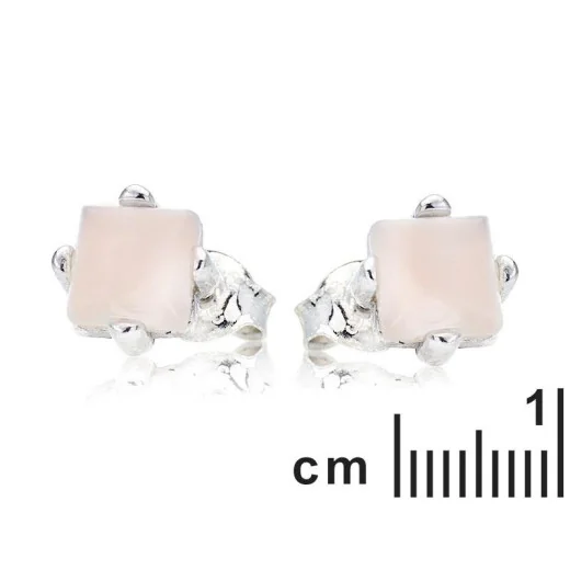 Square natural rose quartz stud earrings, in 925 rhodium silver