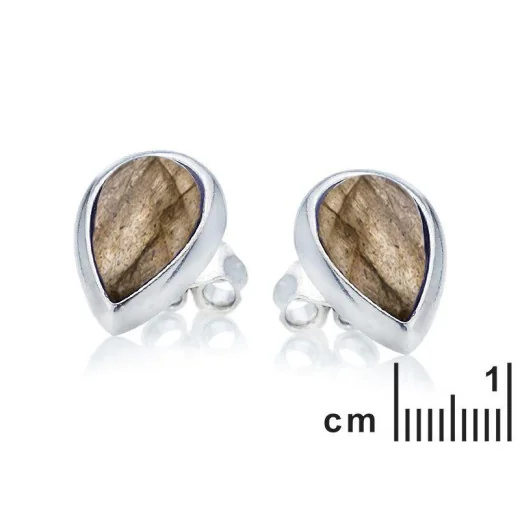 Stud earrings with multi-colored labradorite drop, in 925 rhodium silver