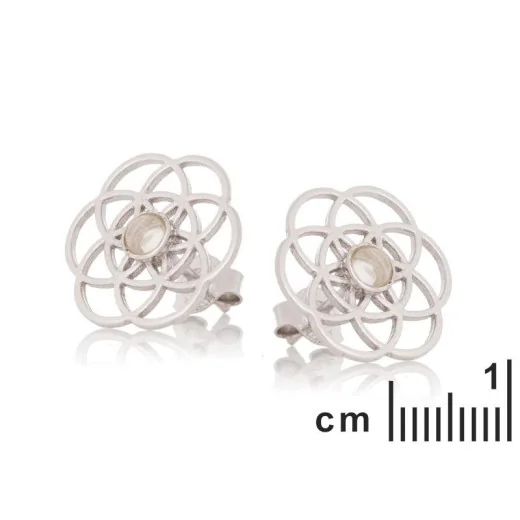 Flower of life earrings with natural rose quartz, in 925 rhodium silver