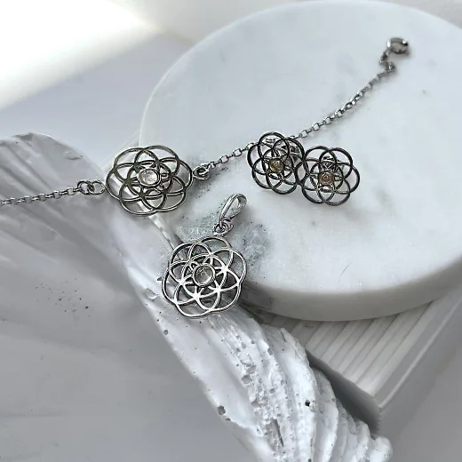 Flower of life earrings with natural rose quartz, in 925 rhodium silver