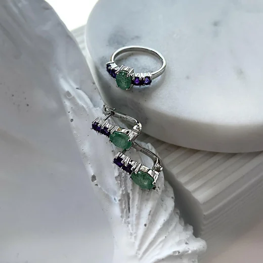 Ring with aventurine and amethyst, in rhodium-plated silver 925