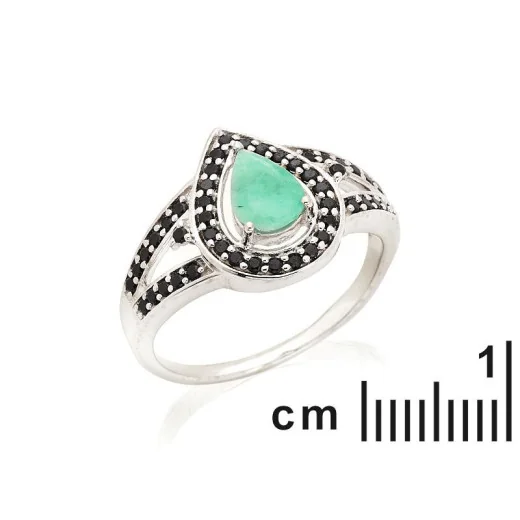 Drop ring with emerald and spinel, in 925 rhodium silver