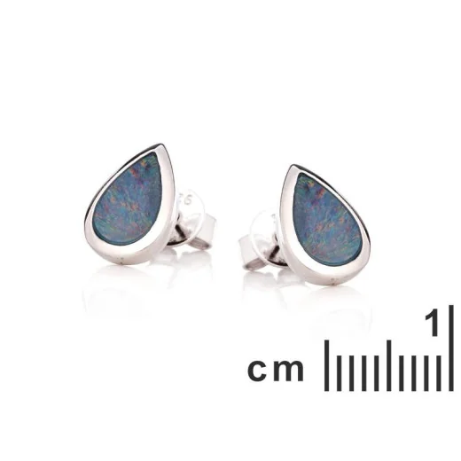 Stud earrings with blue opal doublet drop, in rhodium-plated silver 925