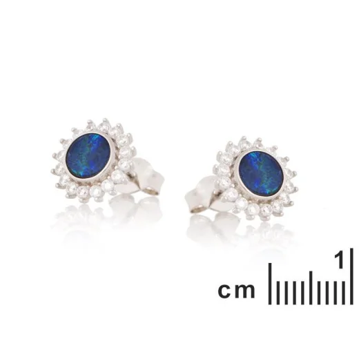 Earrings with opal doublet and zirconium oxide, rhodium-plated silver 925