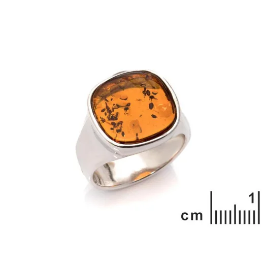 Square Signet ring with natural cognac amber square, in rhodium-plated silver 925