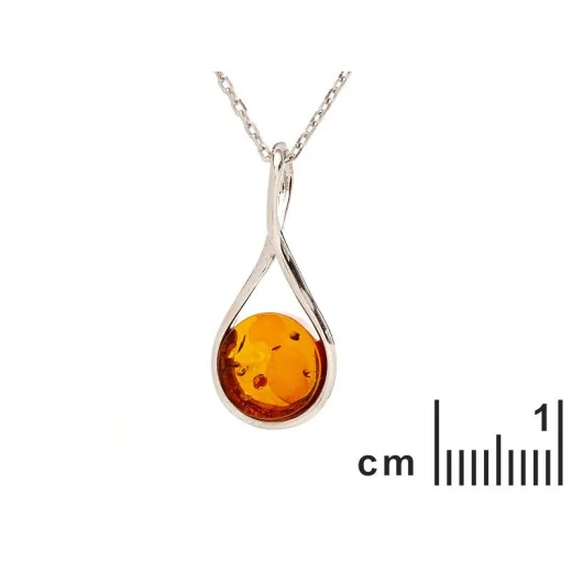 Pendant with round cognac amber, in 925 rhodium silver, height 2 cm