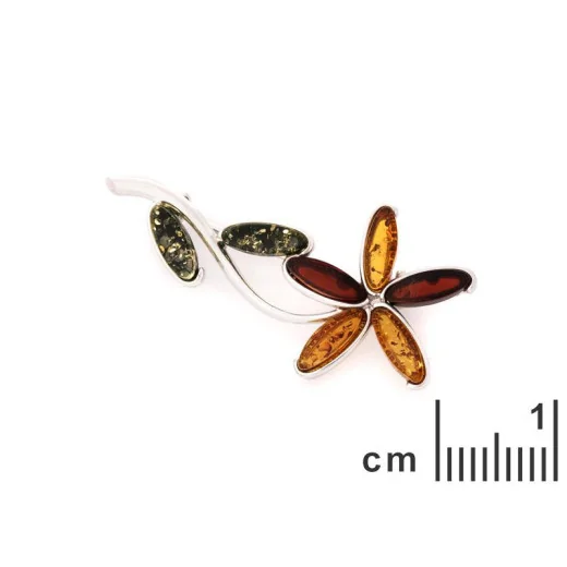 Flower brooch with oval natural multi-colored amber, in 925 rhodium silver