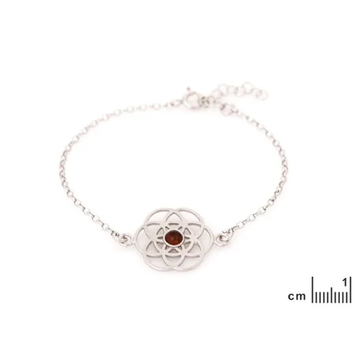 Flower of life bracelet with cognac amber, in 925 rhodium silver, length 16+ 3 cm