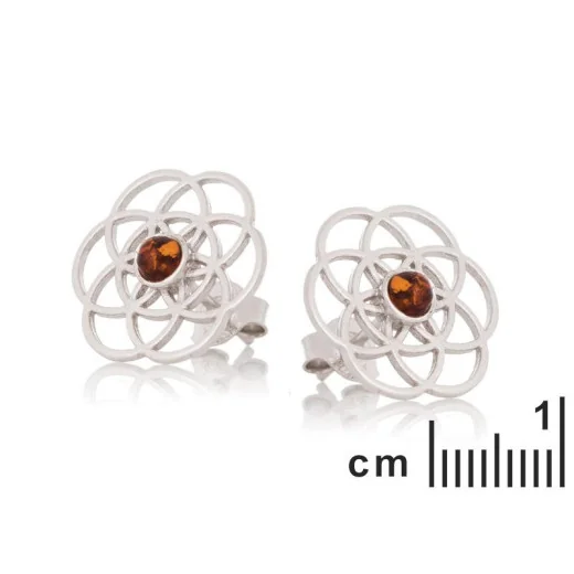 Flower of life earrings with natural cognac amber, in 925 rhodium silver