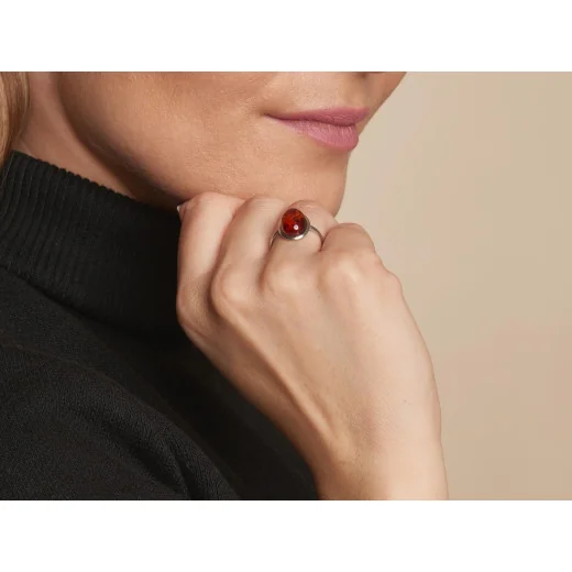 Ring with natural cognac amber from the Baltic Sea oval, in rhodium-plated silver 925