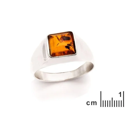 Square Signet ring with natural cognac amber square, in rhodium-plated silver 925