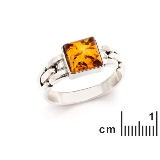 Square Signet ring with natural cognac amber square, in rhodium-plated silver 925