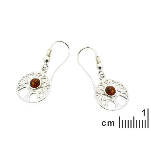 Tree of life earrings with natural cognac amber, in 925 rhodium silver