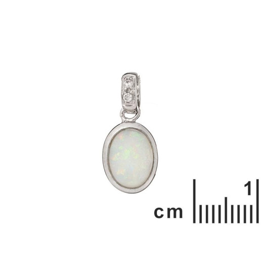 Pendant with oval white opal, in 925 rhodium silver, height 1+0.6 cm