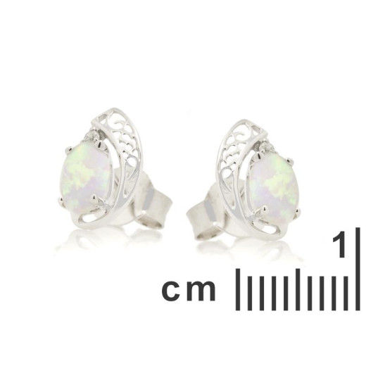 Earrings with natural oval white opal, in 925 rhodium silver