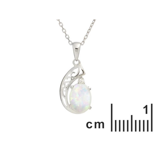 Pendant with oval white opal, in 925 rhodium silver, height 1.5+0.6 cm