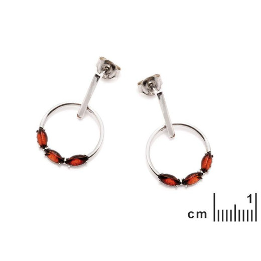 Round drop earrings with cognac amber, in 925 rhodium silver