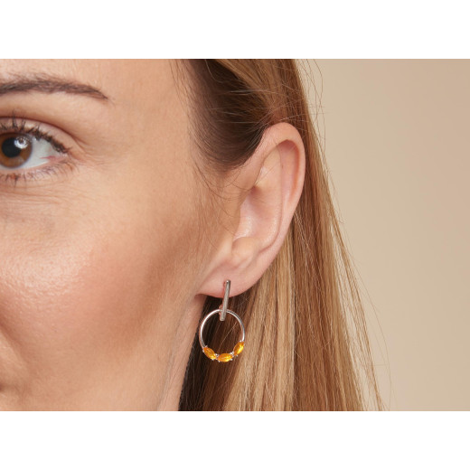 Round drop earrings with cognac amber, in 925 rhodium silver