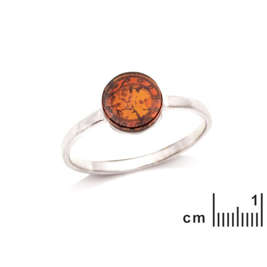 Ring with natural cognac amber from the Baltic Sea round, in rhodium-plated silver 925