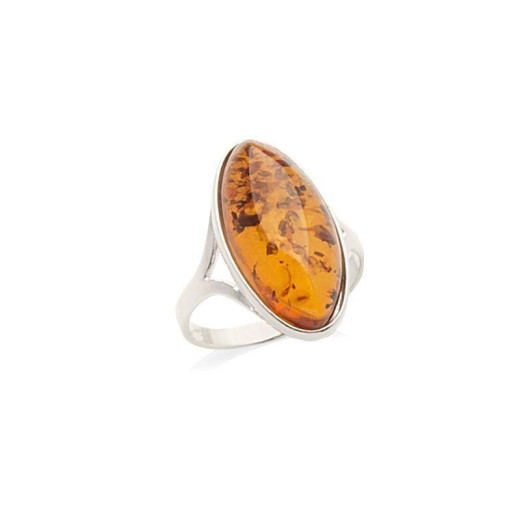 Large stone ring with natural oval cognac amber, in 925 rhodium silver