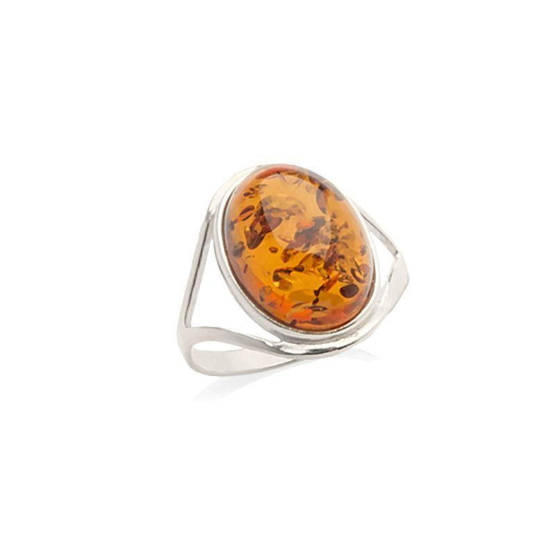 Large stone ring with natural oval cognac amber, in 925 rhodium silver