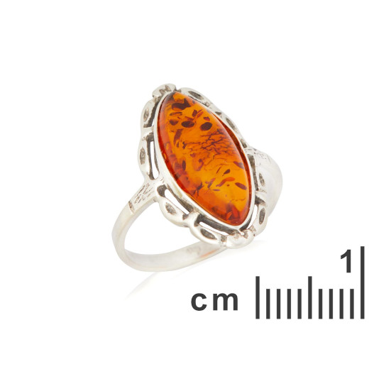 Large stone ring with natural cognac amber navette, in aged 925 silver