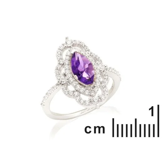 Ring with oval amethyst and zirconium oxide, in rhodium-plated silver 925