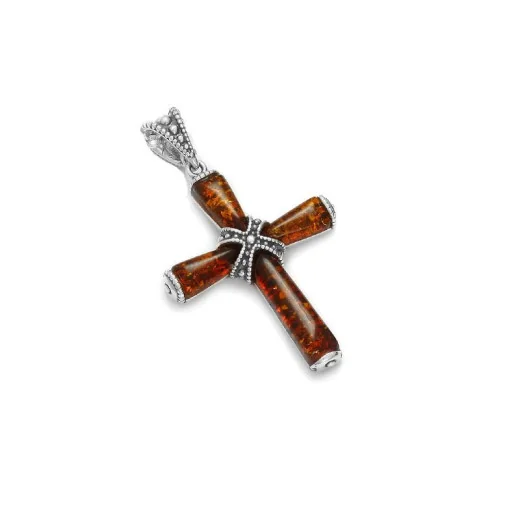 Cross pendant with cognac amber, in 925 rhodium silver, height 3.5+1 cm