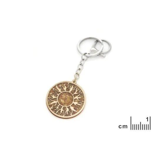 Birch, metal and amber sun key ring, diameter 4 cm