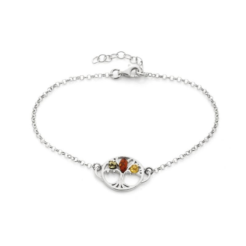 Tree of life bracelet with multi-colored amber, 925 rhodium silver, 18+3 cm