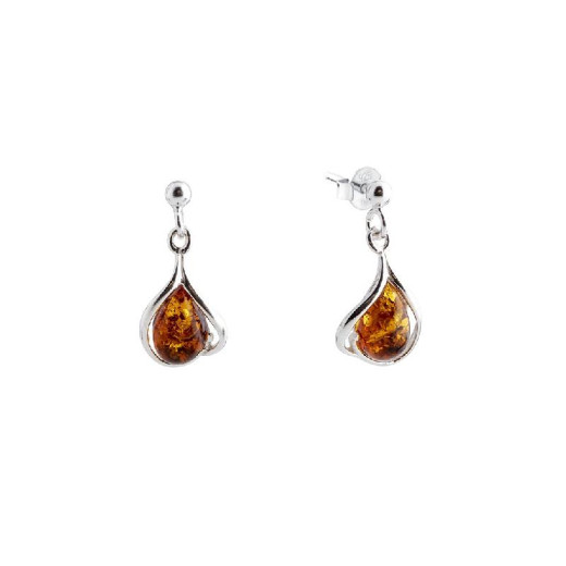 Earrings with natural cognac amber, in 925 rhodium silver