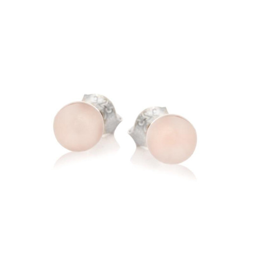 Stud earrings with natural rose quartz ball, in 925 rhodium silver