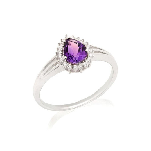 Ring with amethyst and zirconium oxide, in rhodium-plated silver 925