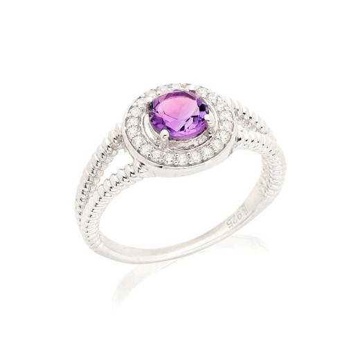 Ring with amethyst and zirconium oxide, in rhodium-plated silver 925