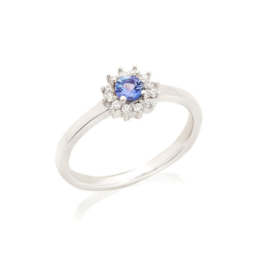 Ring with natural blue tanzanite, in rhodium silver 925