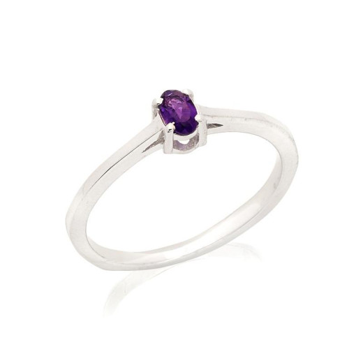 Ring with natural purple amethyst, in rhodium-plated silver 925