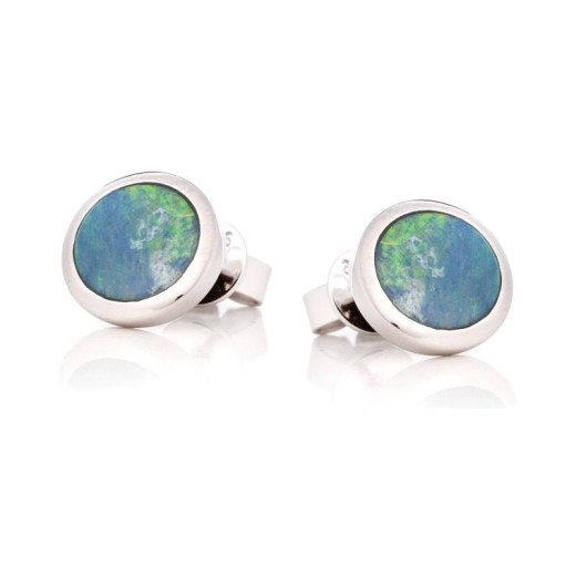 Stud earrings with round doublet blue opal, in 925 rhodium silver