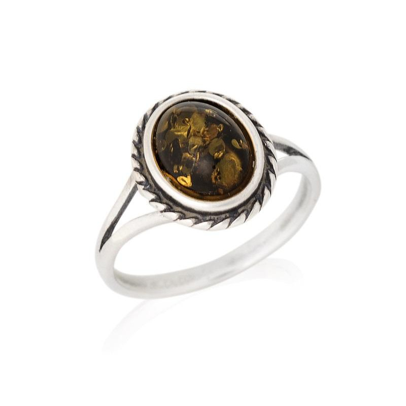 Ring with natural oval green amber from the Baltic Sea, in 925 antique silver