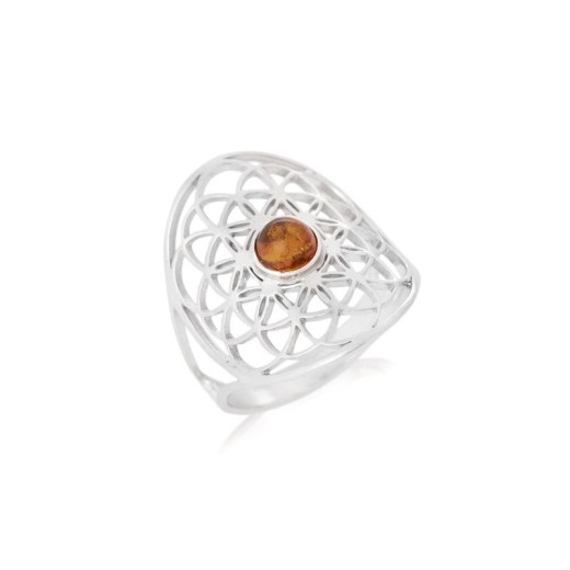 Flower of life ring with natural cognac amber, in 925 rhodium silver