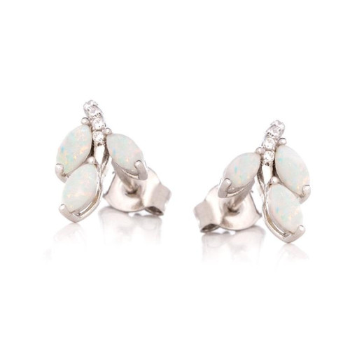 Stud earrings with navette opal and zirconium oxide, in rhodium-plated silver 925