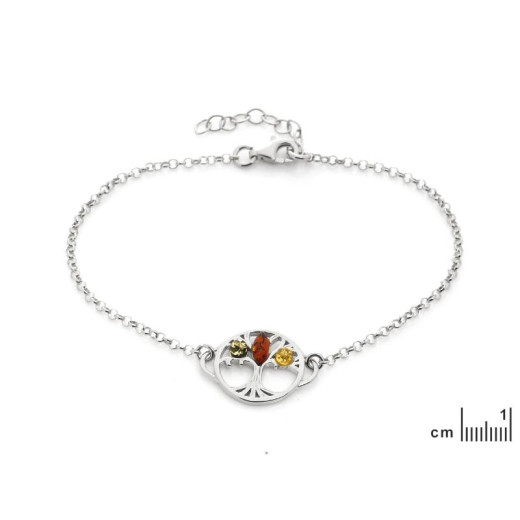 Tree of life bracelet with multi-colored amber, 925 rhodium silver, 18+3 cm