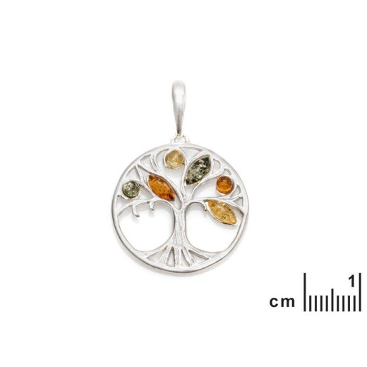 Tree of life pendant with multi-colored amber, 925 rhodium silver, 2.5+1 cm