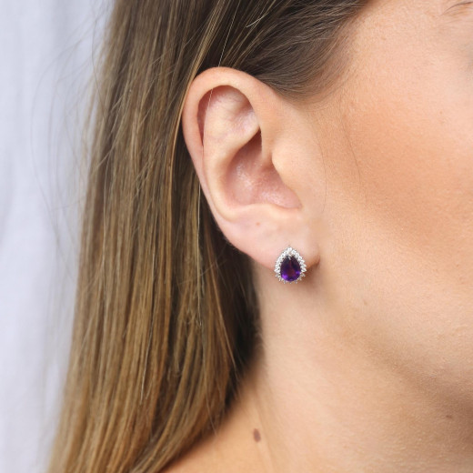 Earrings with amethyst and zirconium oxide, in rhodium-plated silver 925