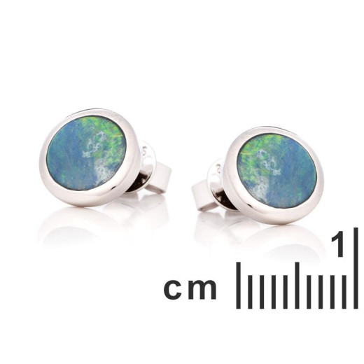 Stud earrings with round doublet blue opal, in 925 rhodium silver