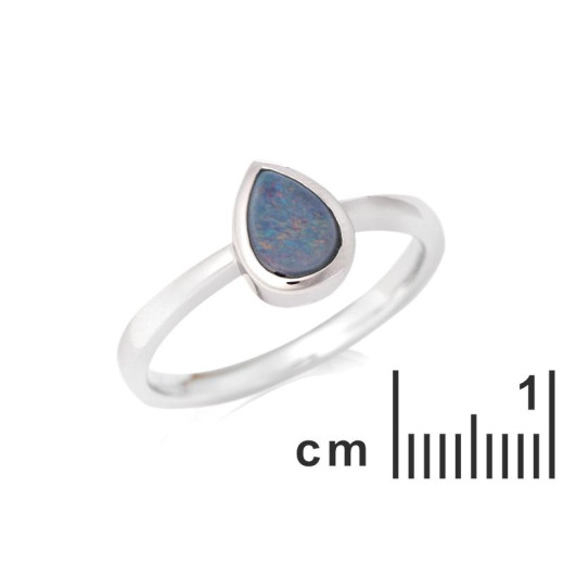 Ring with blue opal doublet from Australia drop, in rhodium silver 925