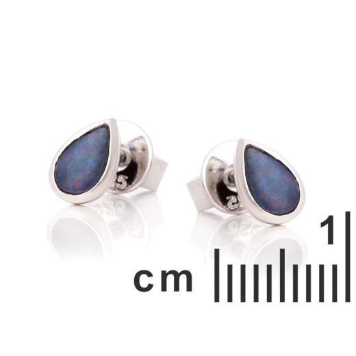 Stud earrings with blue opal doublet drop, in rhodium-plated silver 925