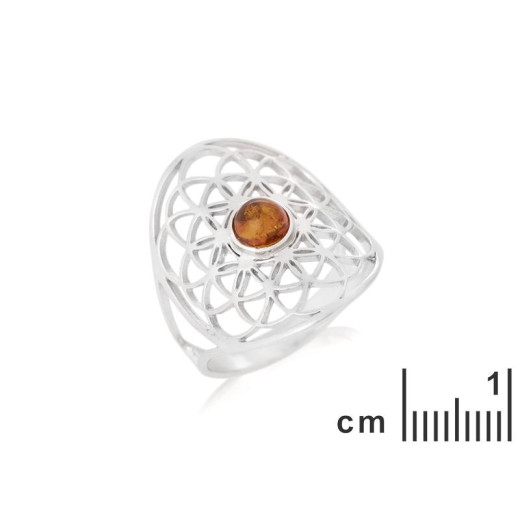 Flower of life ring with natural cognac amber, in 925 rhodium silver