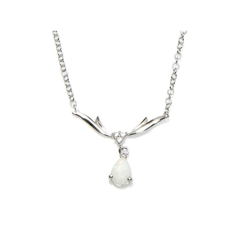 Necklace with drop opal and zirconium oxide, in rhodium-plated silver 925, 42 + 3 cm